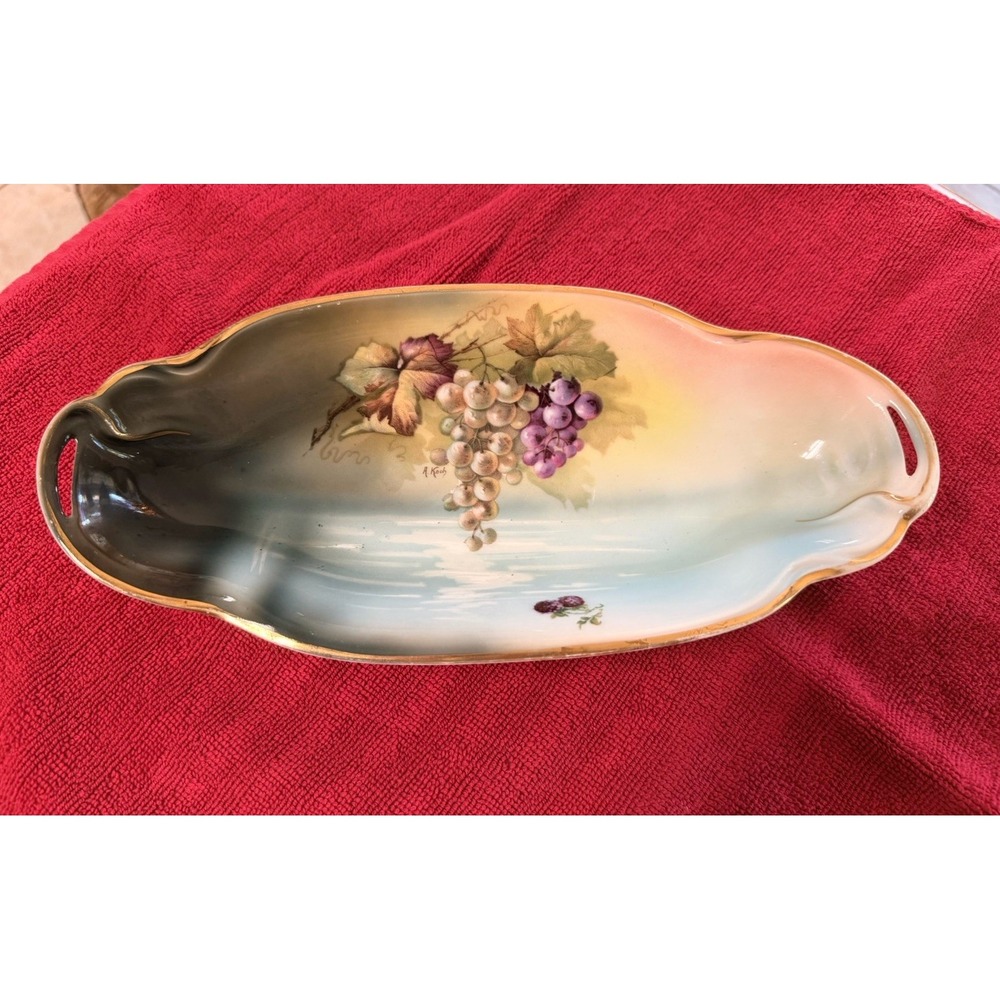 J&C Louise Bavaria Fruit Motif Gold Trim Porcelain Celery Dish 9.5" Grapes
